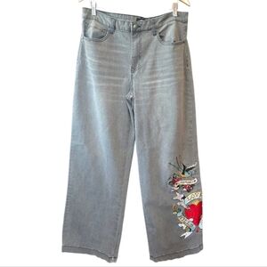 Ed Hardy High Rise Light Gray Embroidered Tattoo Rose Heart Wide Leg Jeans 32